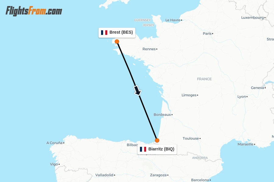 Flights from Brest to Biarritz route map