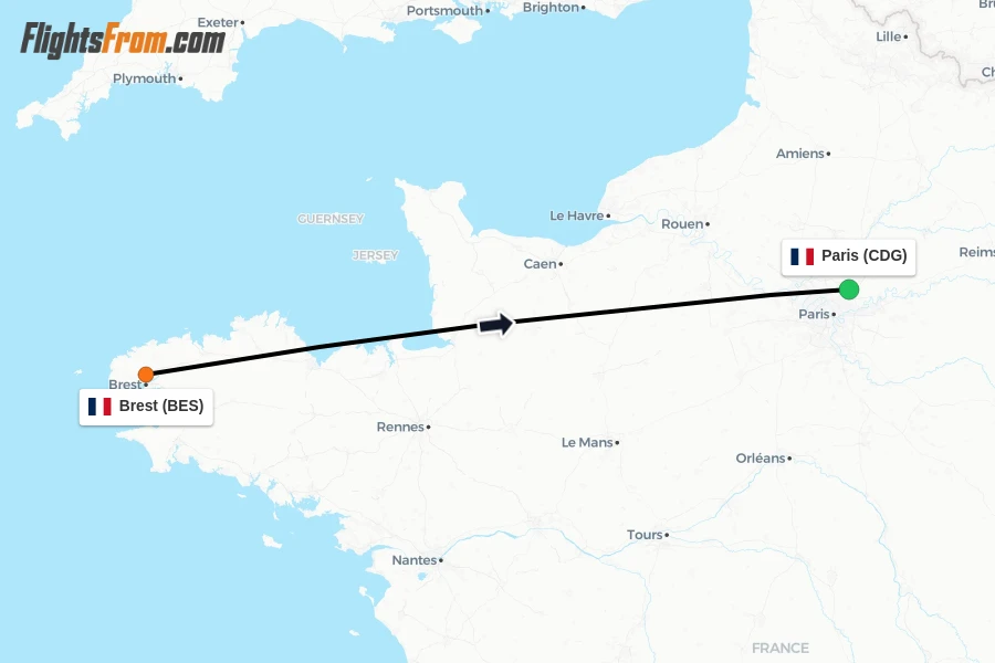 Flights from Brest to Paris route map