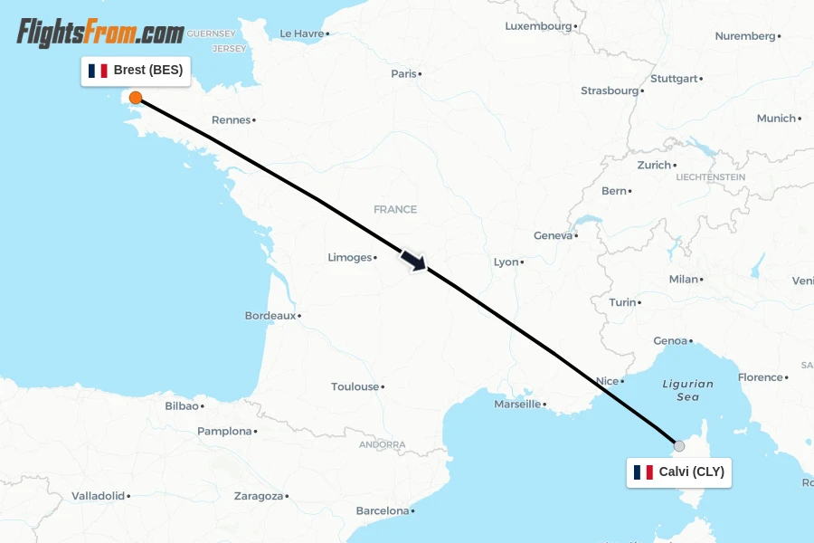 Flights from Brest to Calvi route map
