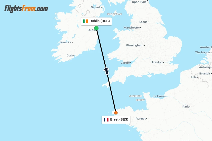 Flights from Brest to Dublin route map