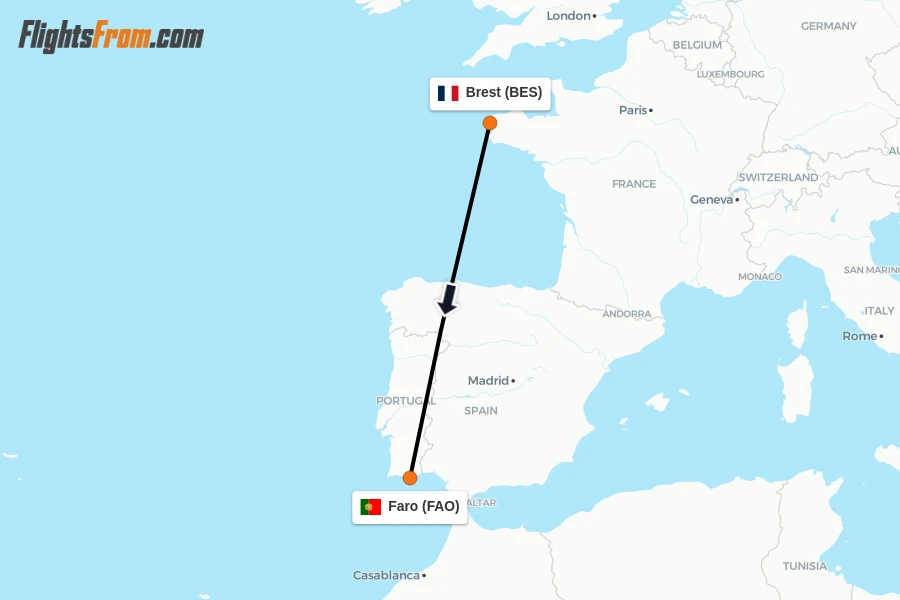 Flights from Brest to Faro route map