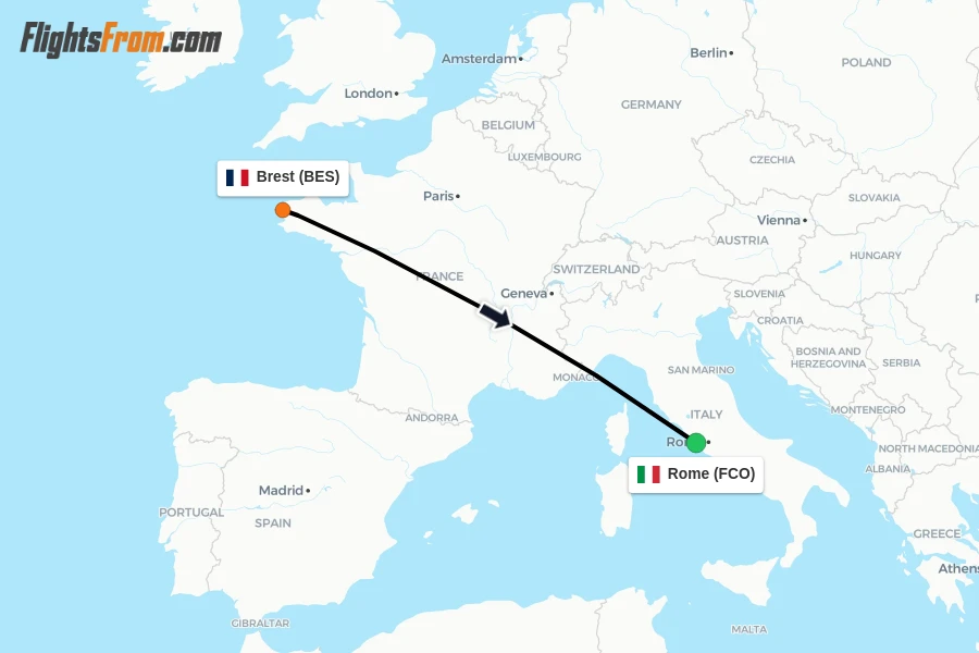 Flights from Brest to Rome route map