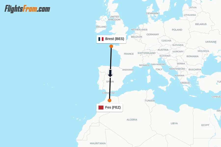 Flights from Brest to Fes route map