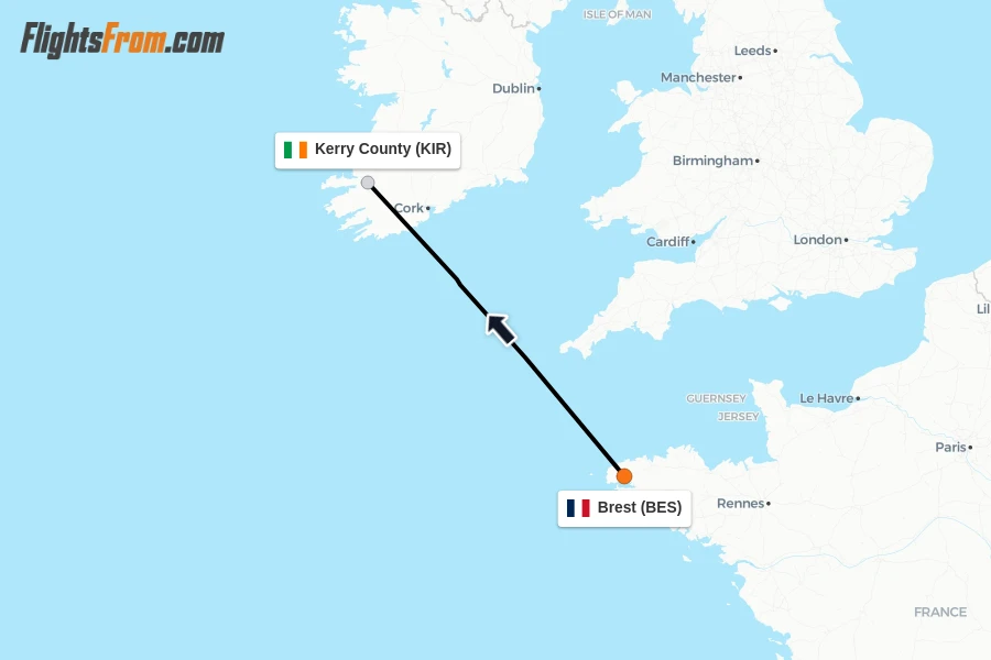 Flights from Brest to Kerry County route map