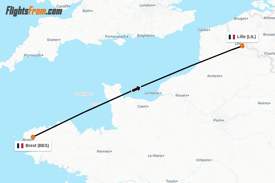 Flights from Brest to Lille route map