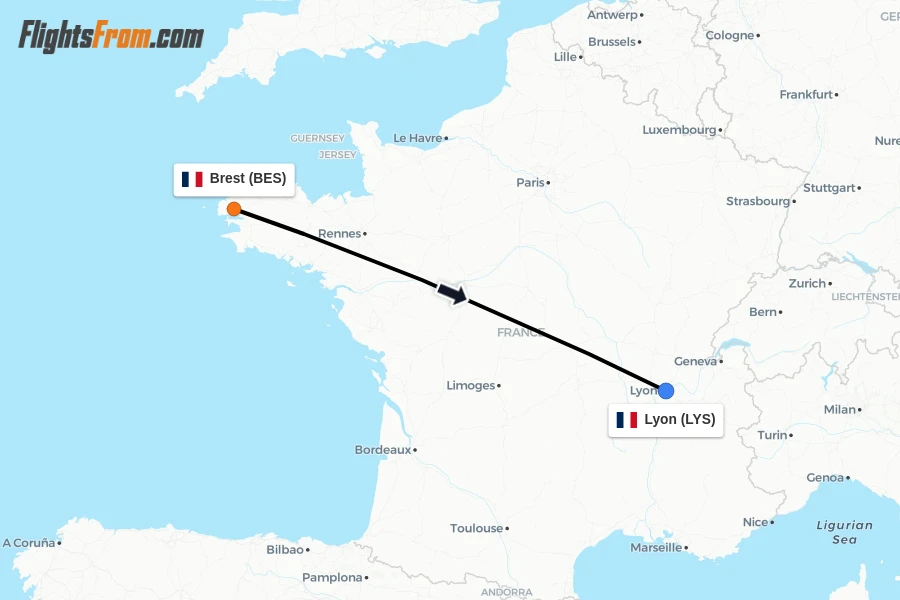 Flights from Brest to Lyon route map