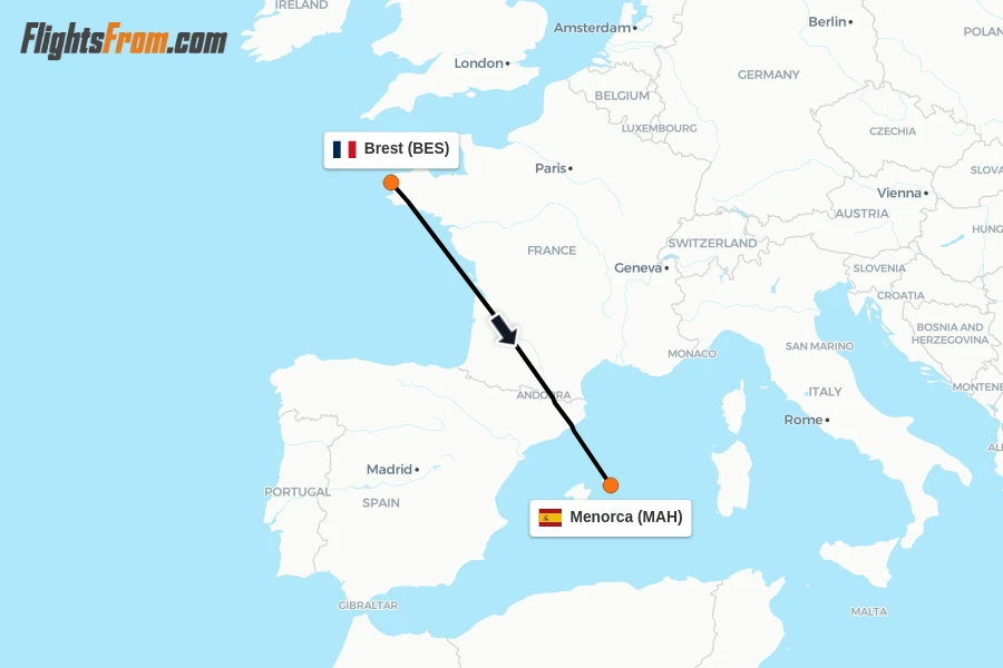 Flights from Brest to Menorca route map