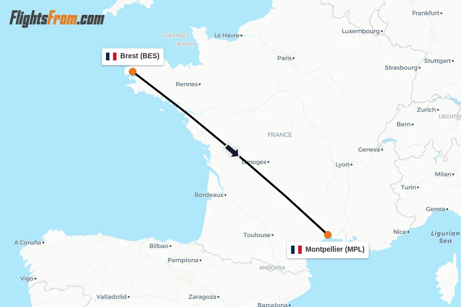 Flights from Brest to Montpellier route map