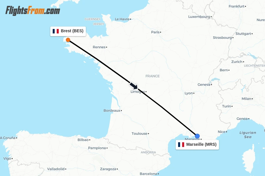 Flights from Brest to Marseille route map