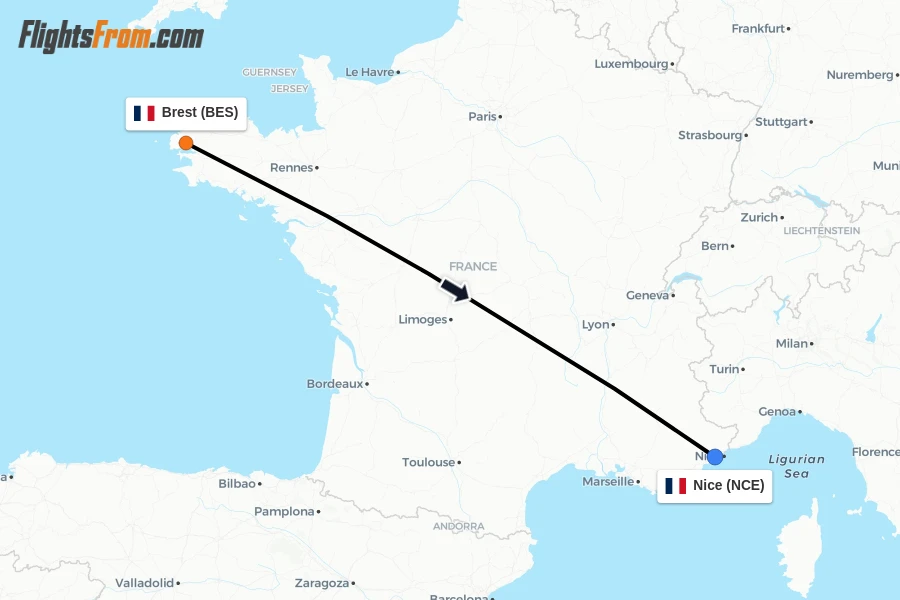 Flights from Brest to Nice route map