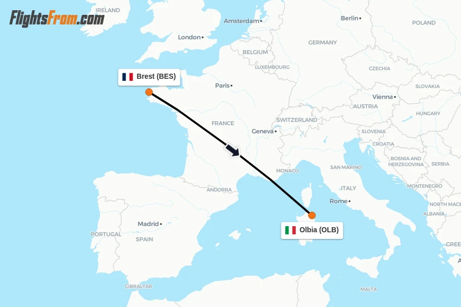 Flights from Brest to Olbia route map