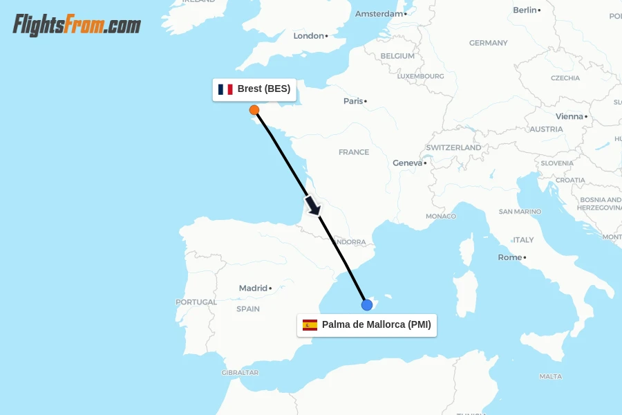 Flights from Brest to Palma de Mallorca route map