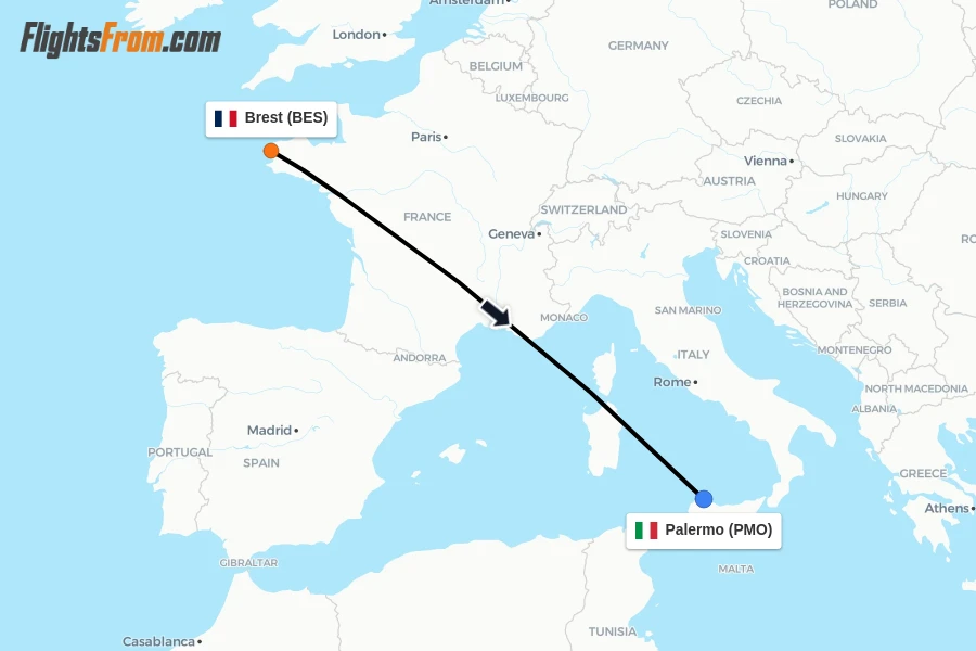 Flights from Brest to Palermo route map