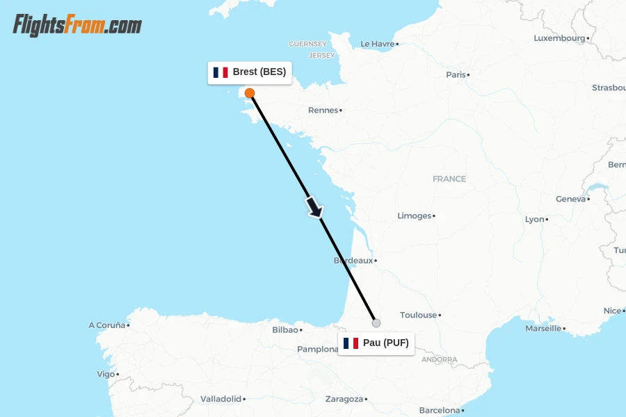 Flights from Brest to Pau route map