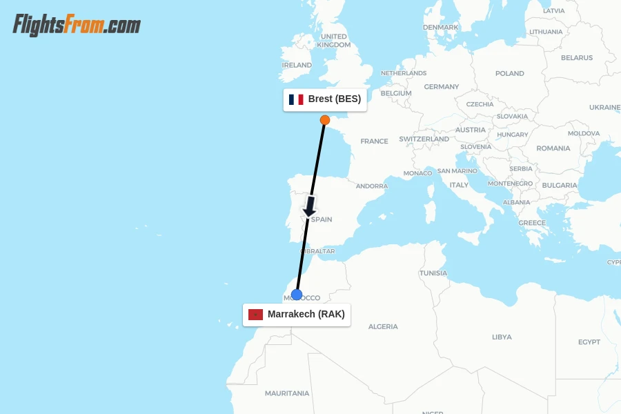 Flights from Brest to Marrakech route map