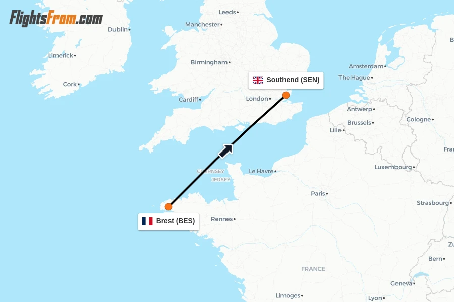 Flights from Brest to Southend route map