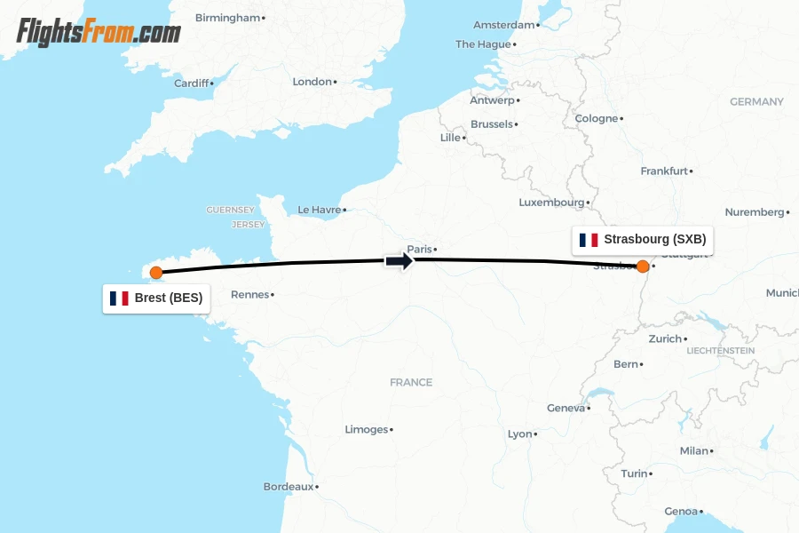 Flights from Brest to Strasbourg route map