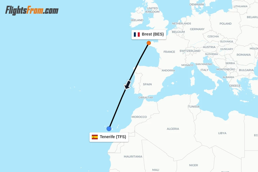 Flights from Brest to Tenerife route map