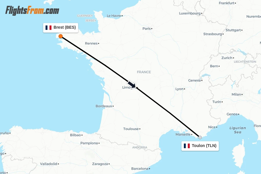 Flights from Brest to Toulon route map
