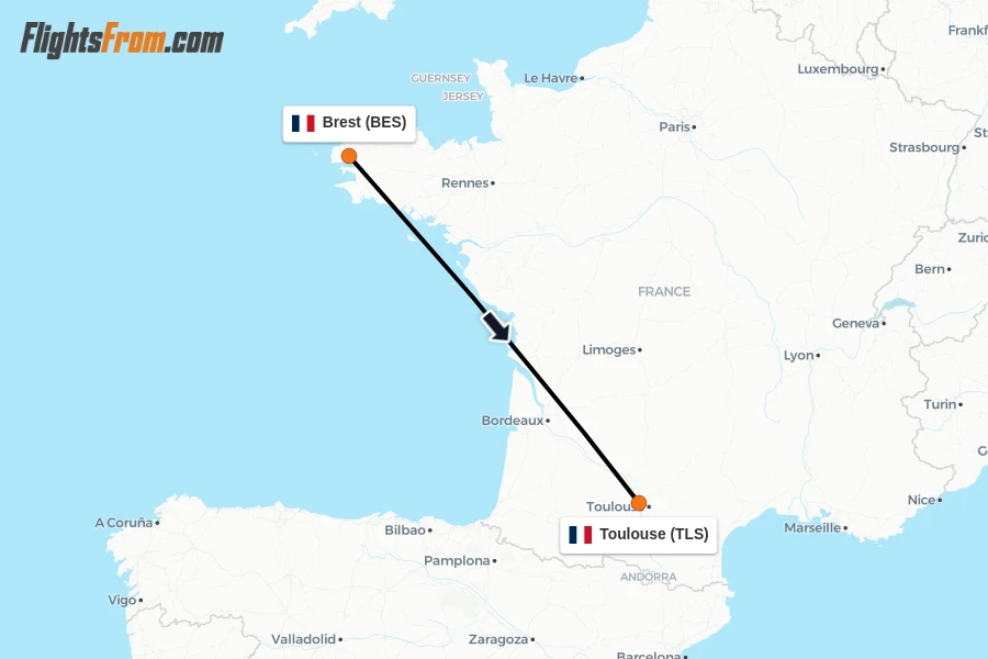 Flights from Brest to Toulouse route map