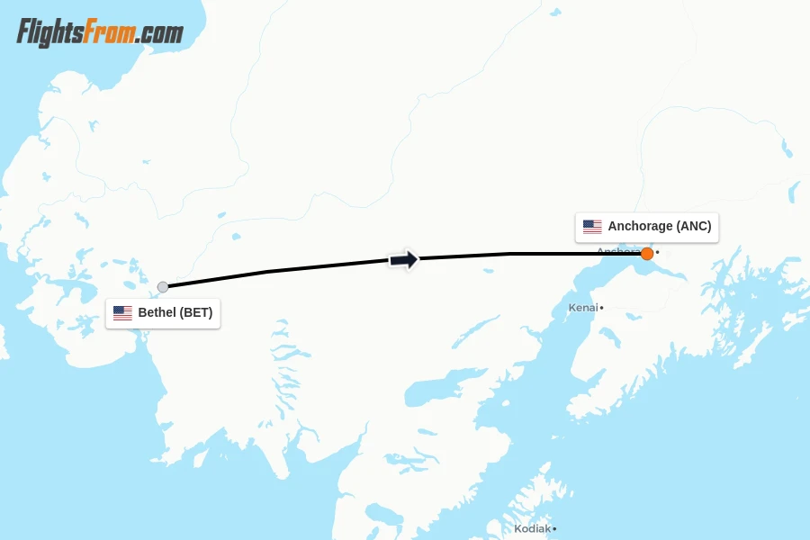 Flights from Bethel to Anchorage route map