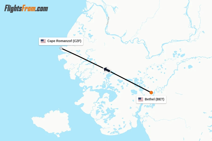 Flights from Bethel to Cape Romanzof route map