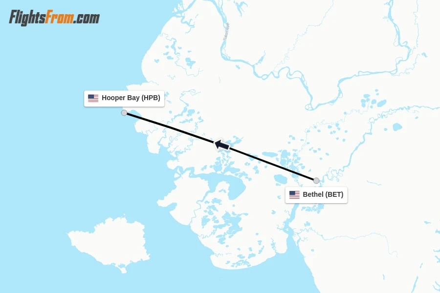 Flights from Bethel to Hooper Bay route map