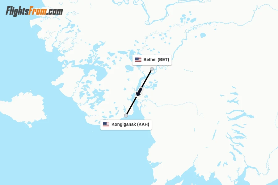 Flights from Bethel to Kongiganak route map