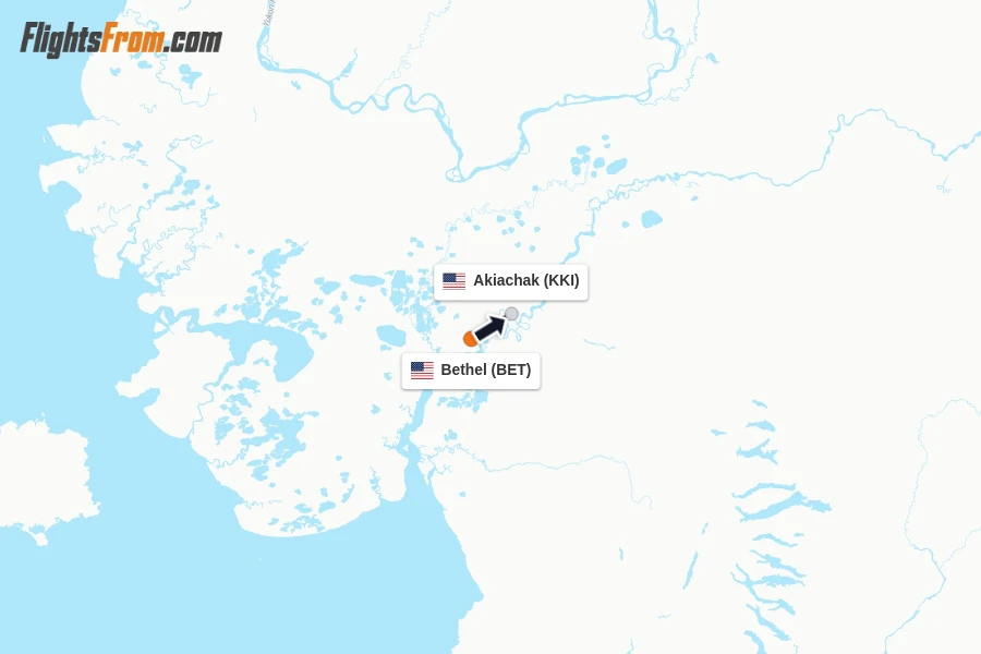 Flights from Bethel to Akiachak route map