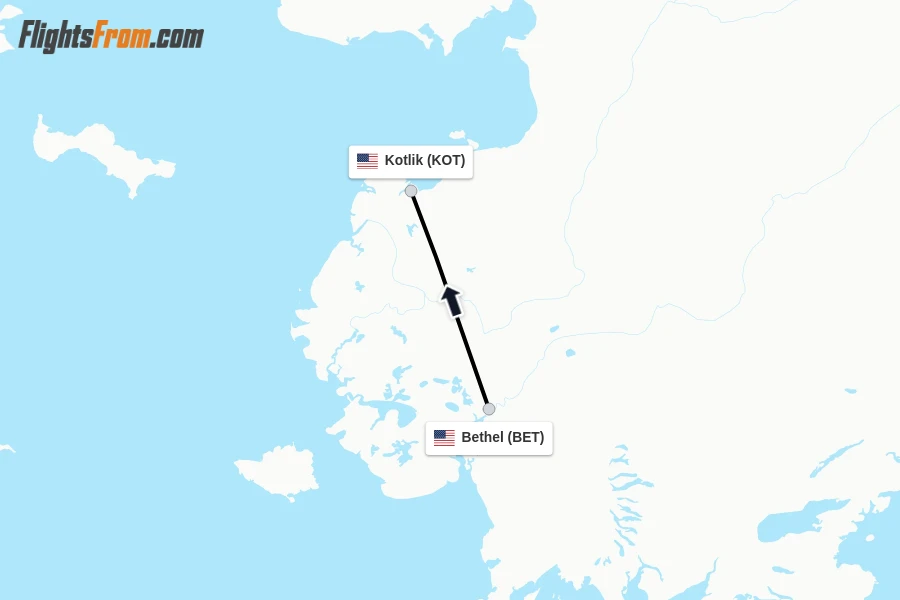 Flights from Bethel to Kotlik route map