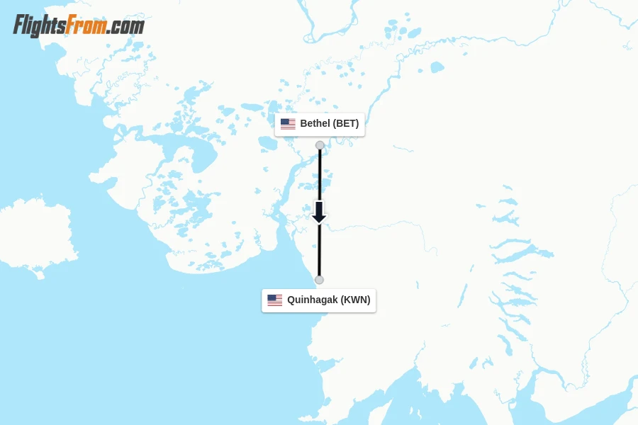 Flights from Bethel to Quinhagak route map