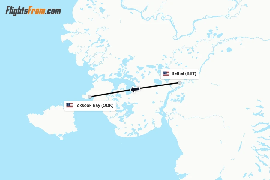 Flights from Bethel to Toksook Bay route map
