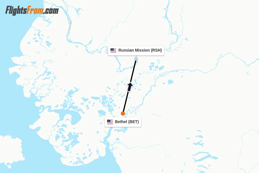 Flights from Bethel to Russian Mission route map