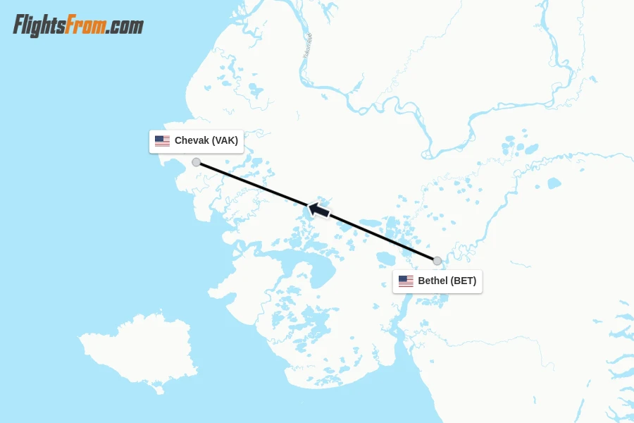 Flights from Bethel to Chevak route map