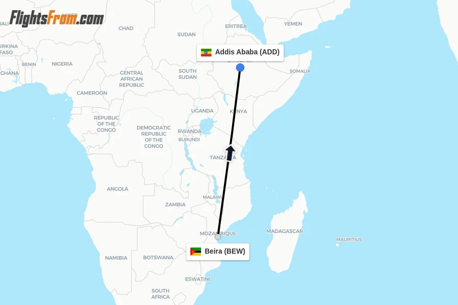 Flights from Beira to Addis Ababa route map