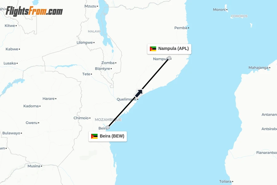 Flights from Beira to Nampula route map