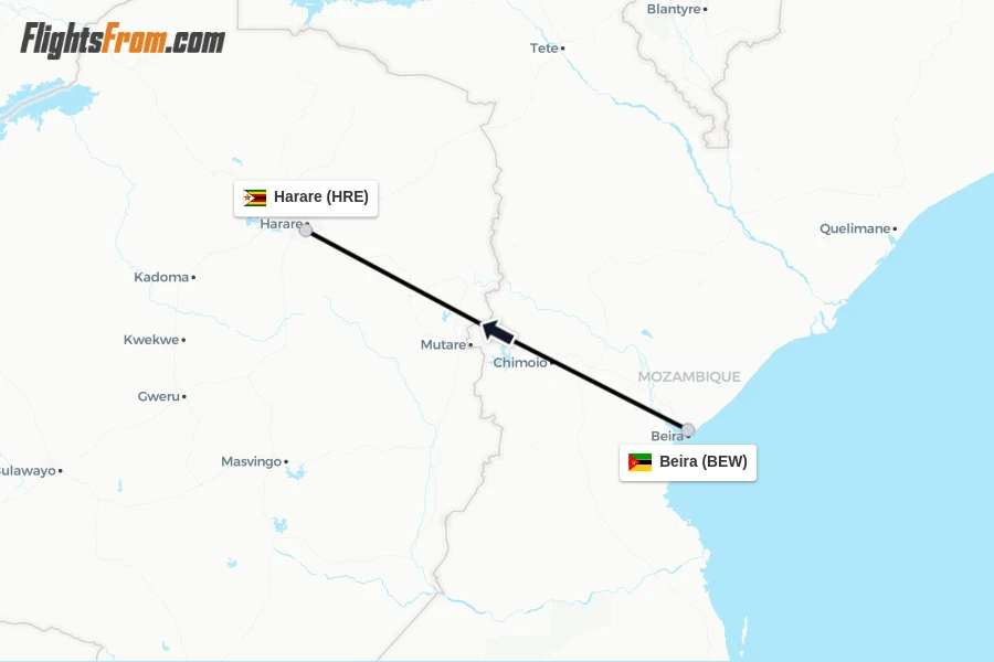 Flights from Beira to Harare route map