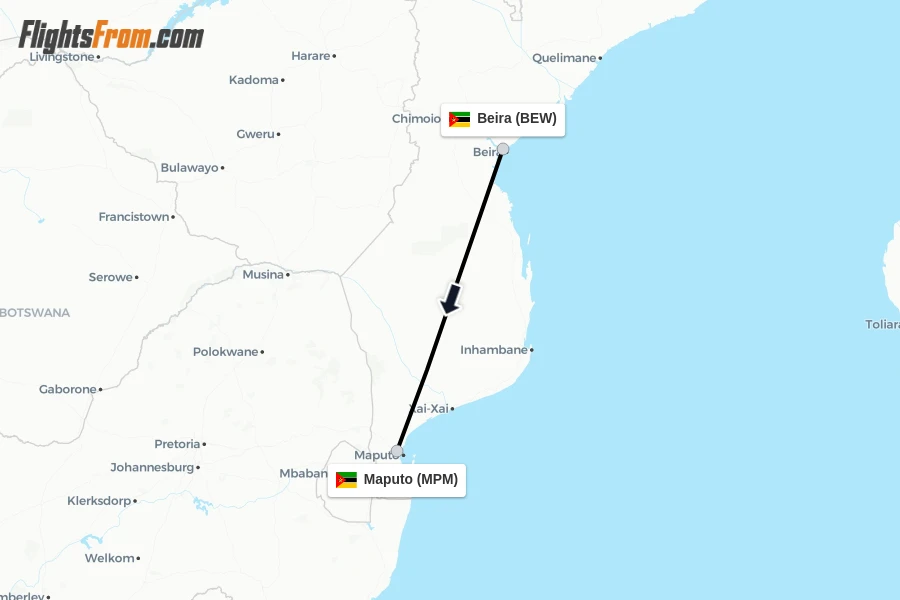 Flights from Beira to Maputo route map
