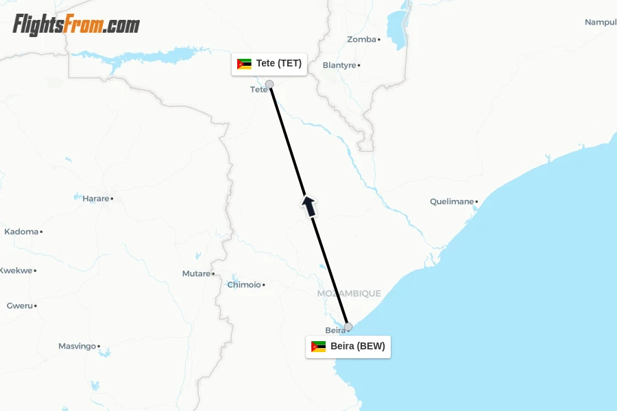 Flights from Beira to Tete route map