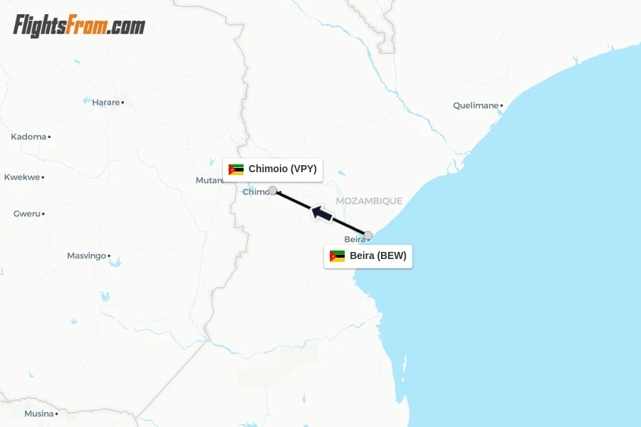 Flights from Beira to Chimoio route map
