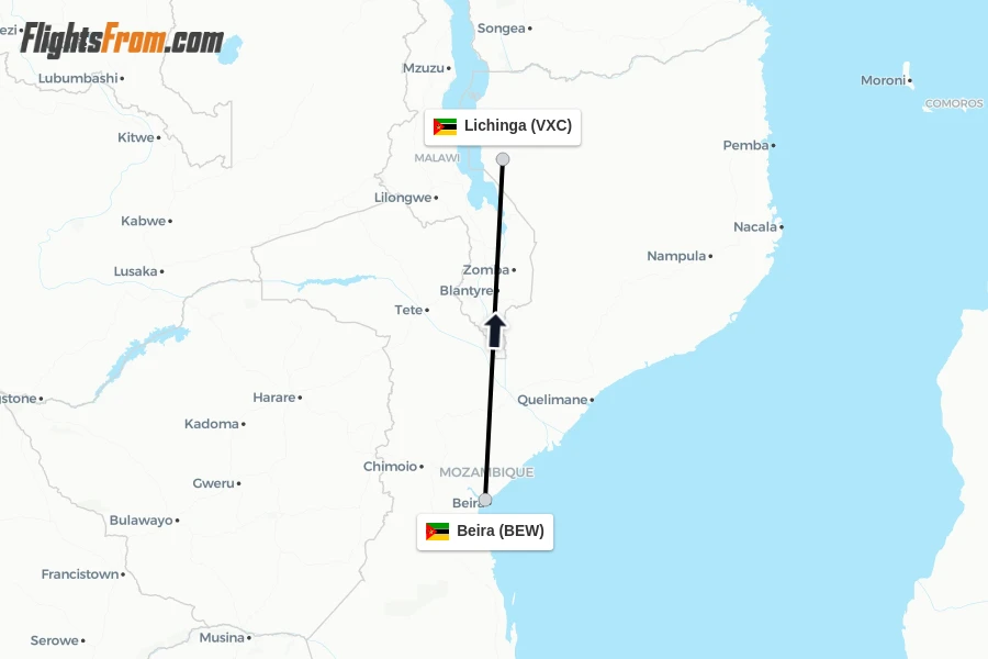 Flights from Beira to Lichinga route map