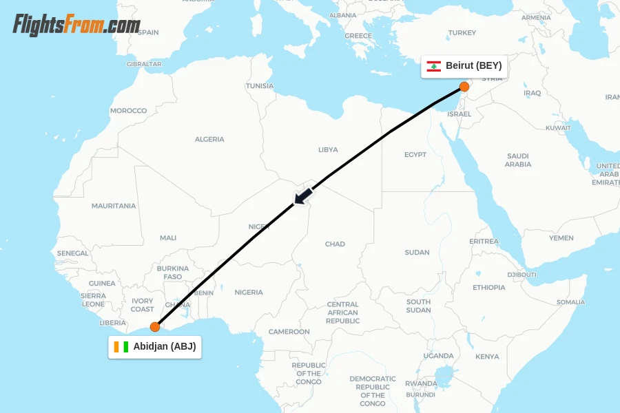 Flights from Beirut to Abidjan route map