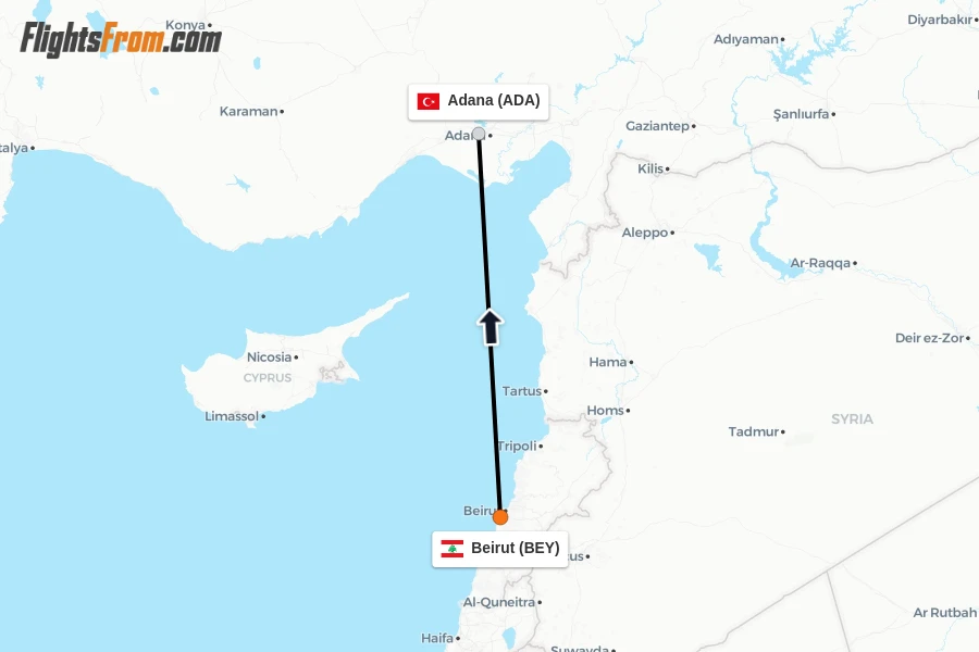 Flights from Beirut to Adana route map