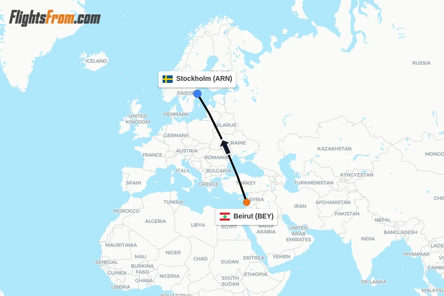 Flights from Beirut to Stockholm route map