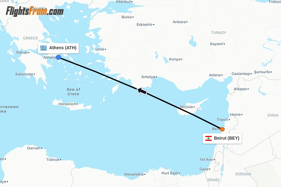 Flights from Beirut to Athens route map