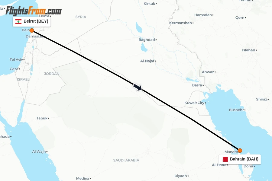 Flights from Beirut to Bahrain route map