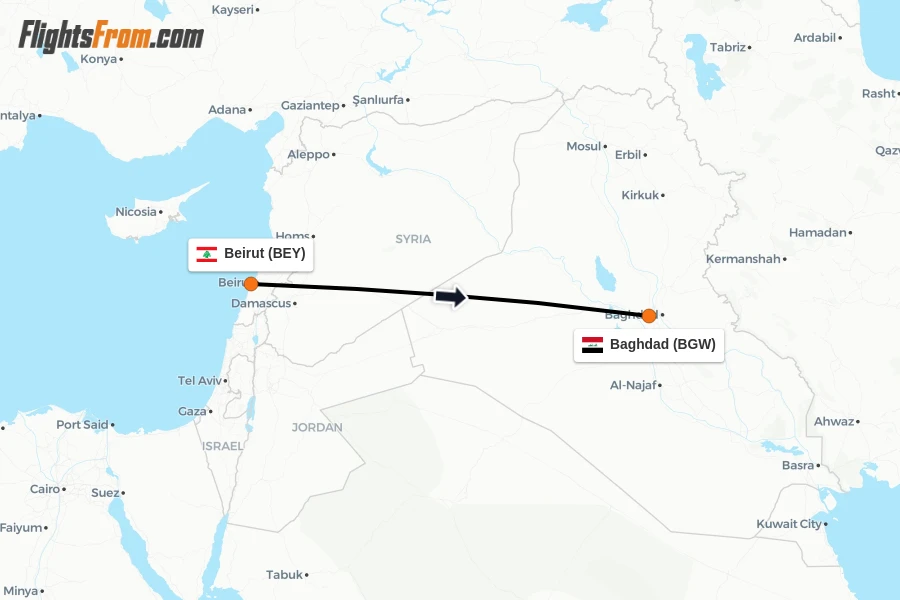 Flights from Beirut to Baghdad route map