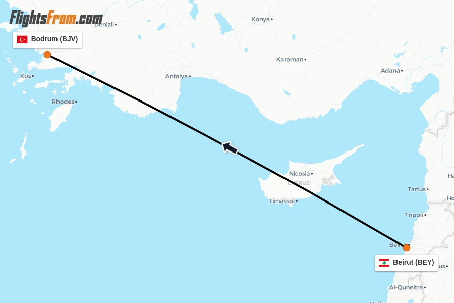 Flights from Beirut to Bodrum route map
