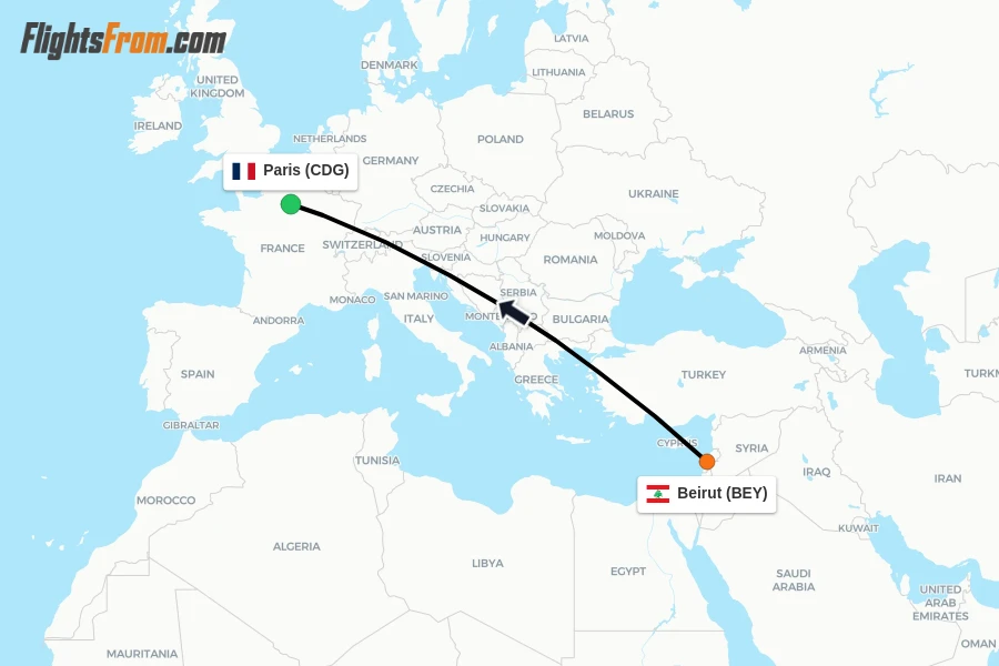 Flights from Beirut to Paris route map