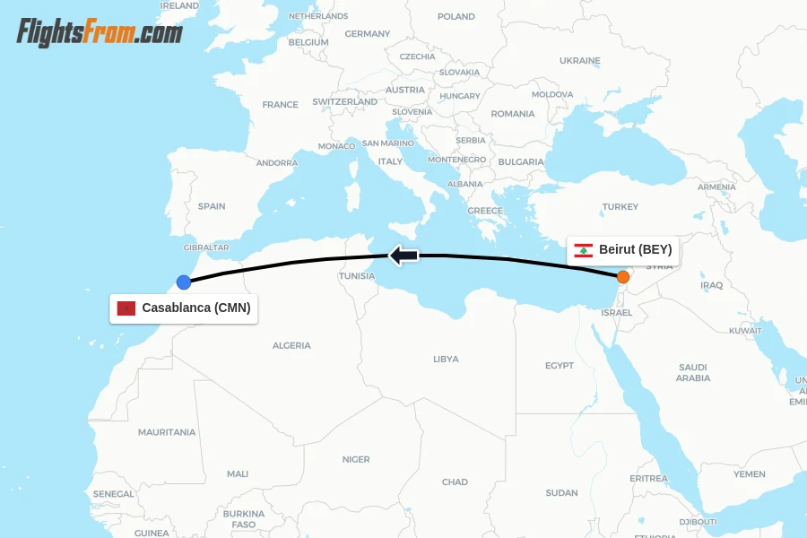 Flights from Beirut to Casablanca route map
